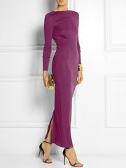 Long Sleeves Skinny Solid Color Split-Side Maxi Dresses