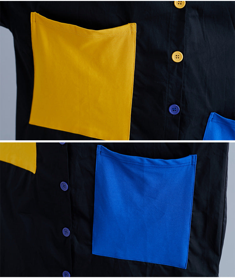 Irregular Contrast Color Shirt With Large Pockets