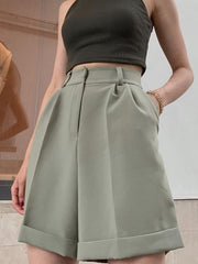 Women Pocket Zipper Button Solid Color Casual Shorts