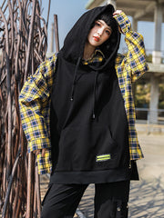 Women Retro Loose Pullover Hooded Contrast Sweatshirt
