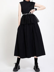 Solid Color Round Neck Pleated Slim Sleeveless Dress
