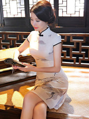 Gray&Creamy Printed A-line Short Cheongsam