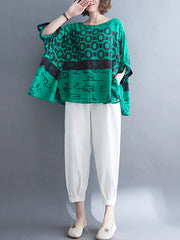 Loose Abstract Pattern Printed Bat Short Sleeve T-Shirt