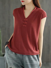 Solid V-Neck Knitting Vintage Button T-Shirt