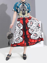 Vintage Print Short Sleeve Loose Midi Dress