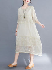 Loose Hollow Out Embroidered Midi Dress