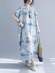 V-Neck Printed Short Sleeves Maxi Dress