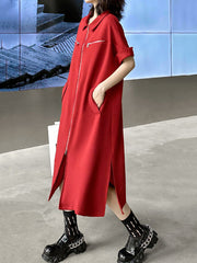 Roomy Short Sleeves Chains Split-Side Tied Waist Lapel Midi Dresses