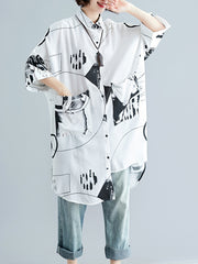 Women Lapel Printed Loose Casual Shirt