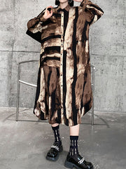 Long Sleeves Roomy Asymmetric Stamped Split-Joint Lapel Midi Shirt Dress