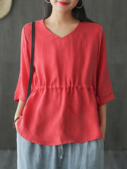 Loose Vintage Drawstring Solid T-Shirt