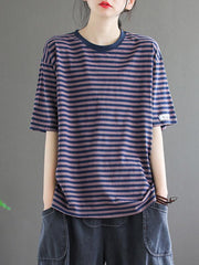 Vintage Loose Striped Round Neck T-Shirt