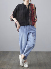 Retro See-Through Printed Half Sleeves Blouse