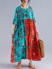Plus Size Flower Print Split-joint Round-neck Long Dress