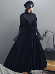 Vintage Lace-Up Velvet Empire V-Neck Sling Dress