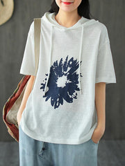 Loose Linen Print Hood Sweatshirt