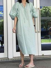 Loose Puff Sleeve Floral Midi Dress