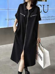 Roomy Short Sleeves Chains Split-Side Tied Waist Lapel Midi Dresses