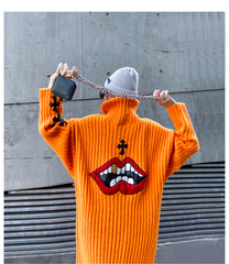 High-Neck Printed Knitting Midi Dress