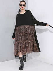 Leopard Splicing Round Collar False Two Midi Dress