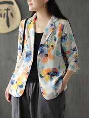 Loose Ramie Floral Printed Suit Outwear