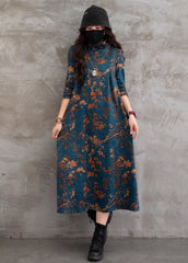 Vintage Printed Stand Collar Midi Dress