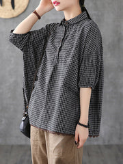Artistic Retro Plaid Lace Blouse Tops