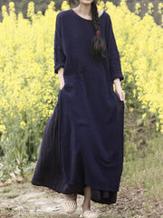 Loose Solid Color Split-Side Round Neck Dress