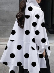 Buttoned High-Low Polka-Dot Split-Side Lapel Long Sleeves Blouse