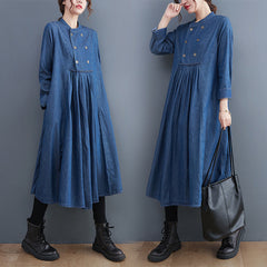 Retro Denim A-Line Stand Collar Midi Dress