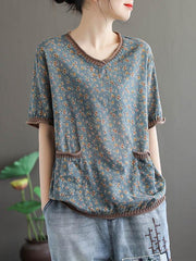 Vintage Floral Loose V-Neck T-Shirt