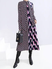 Vintage Splice Floral Stand Collar Midi Dress