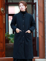 Casual National Linen Stand Collar Long Cotton-Padded Outwear