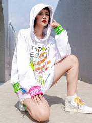 Women Loose Printed Hooded Casual Sweatshirt