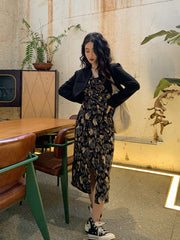 Floral Printed Long Sleeve Skinny Waisted Midi Dress