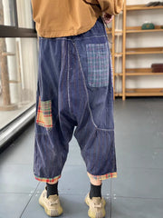 Retro Literary Contrast Color Patch Plaid Casual Pants