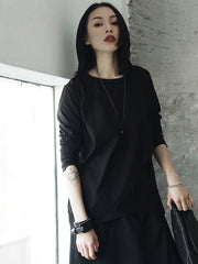 Casual Pure Color Pleated Long Sleeves Round-Neck T-Shirt Tops