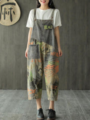 Vintage Printed Jean Splicing Sleeveless Jumpsuit