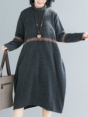 Mock Neck Knitting Printed Midi Dress