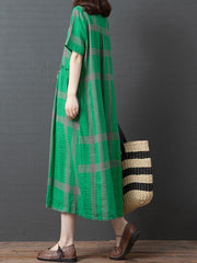 Loose Plaid Splicing Round Neck Dress