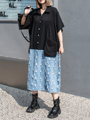 Roomy Short Sleeves Contrast Color Pockets Split-Joint Lapel Midi Dresses