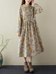 Lapel Lace-Up Floral Midi Dress