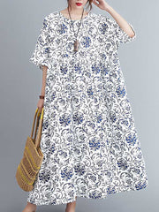 Vintage Floral Round-Neck Dress