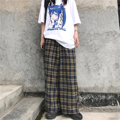 Women Retro Personalized Plaid Loose Straight Casual Pants