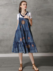 Vintage Denim Embroidery Braces Dress