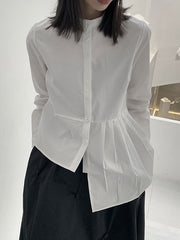 Asymmetric Buttoned Pleated Pure Color Long Sleeves Round-Neck Blouses&Shirts Tops