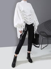 Drawstring Cropped Loose Stand Collar Shirt