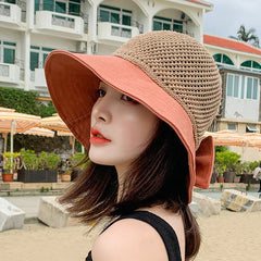 Women Foldable Sunscreen Hollow Beach Knitted Hat