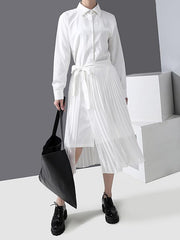 Solid Splicing Lace-Up Pleated Midi Dress