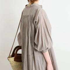 Solid Color Puff Sleeve Button Loose Dress